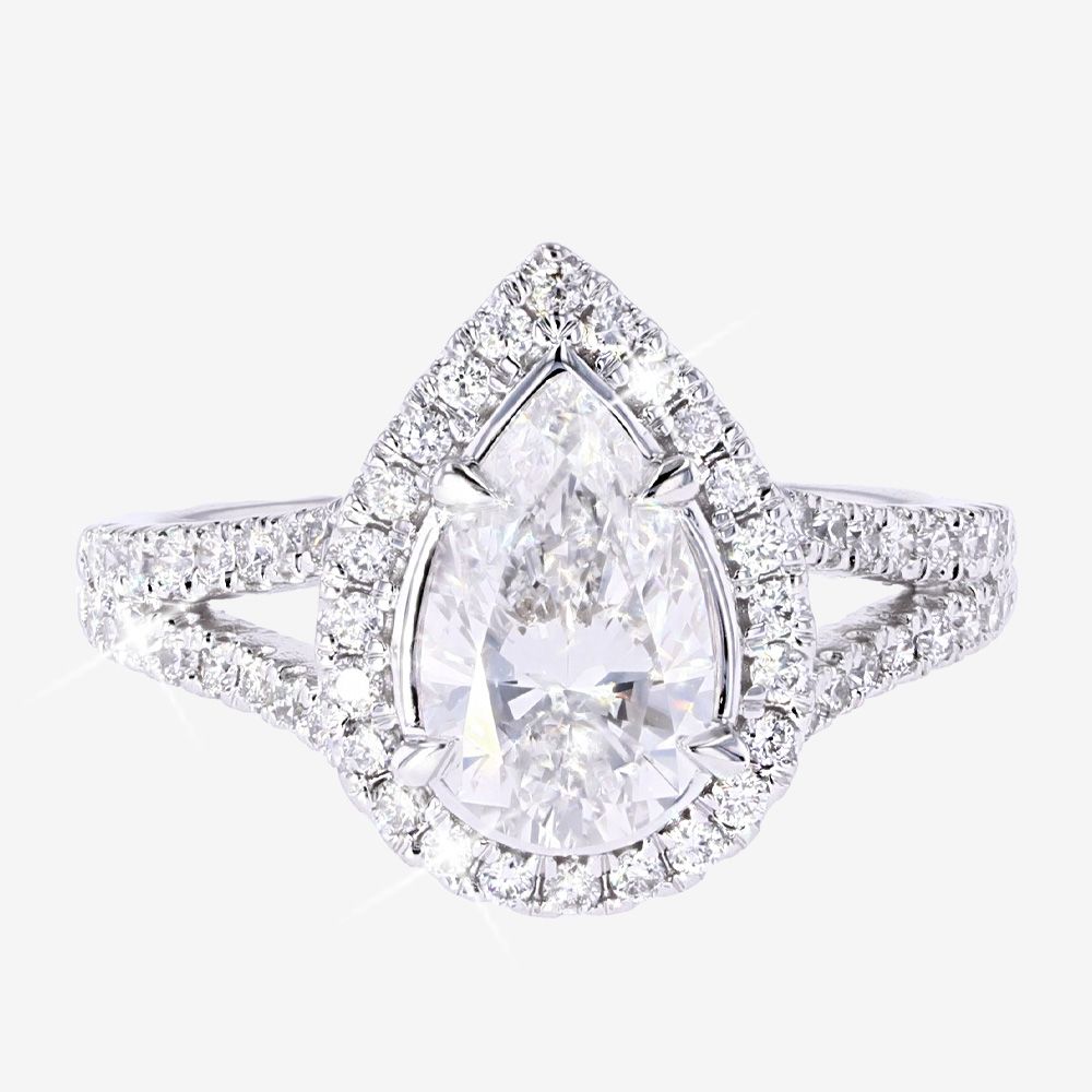 18ct White Gold Real Diamond Lab-Grown Ring, Pear, Halo Ring 2.00ct