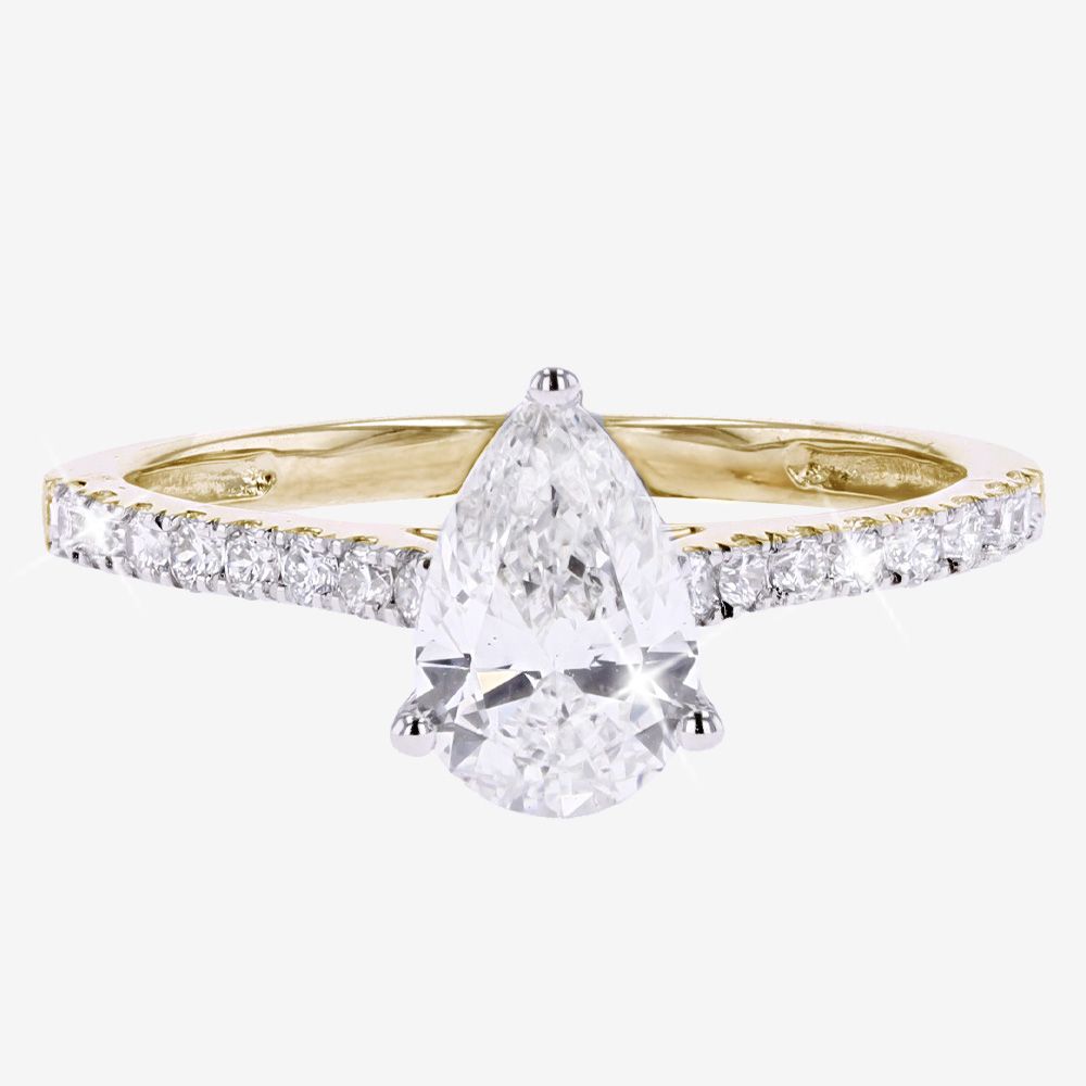 9ct Gold Real Diamond Lab-Grown Ring, Pear Cut Diamond Shoulders 1.25ct