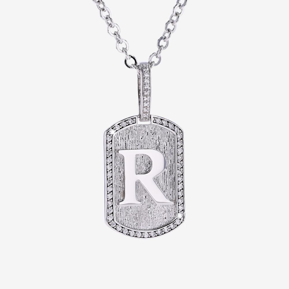Mens Iced R Initial Tag Pendant & Chain