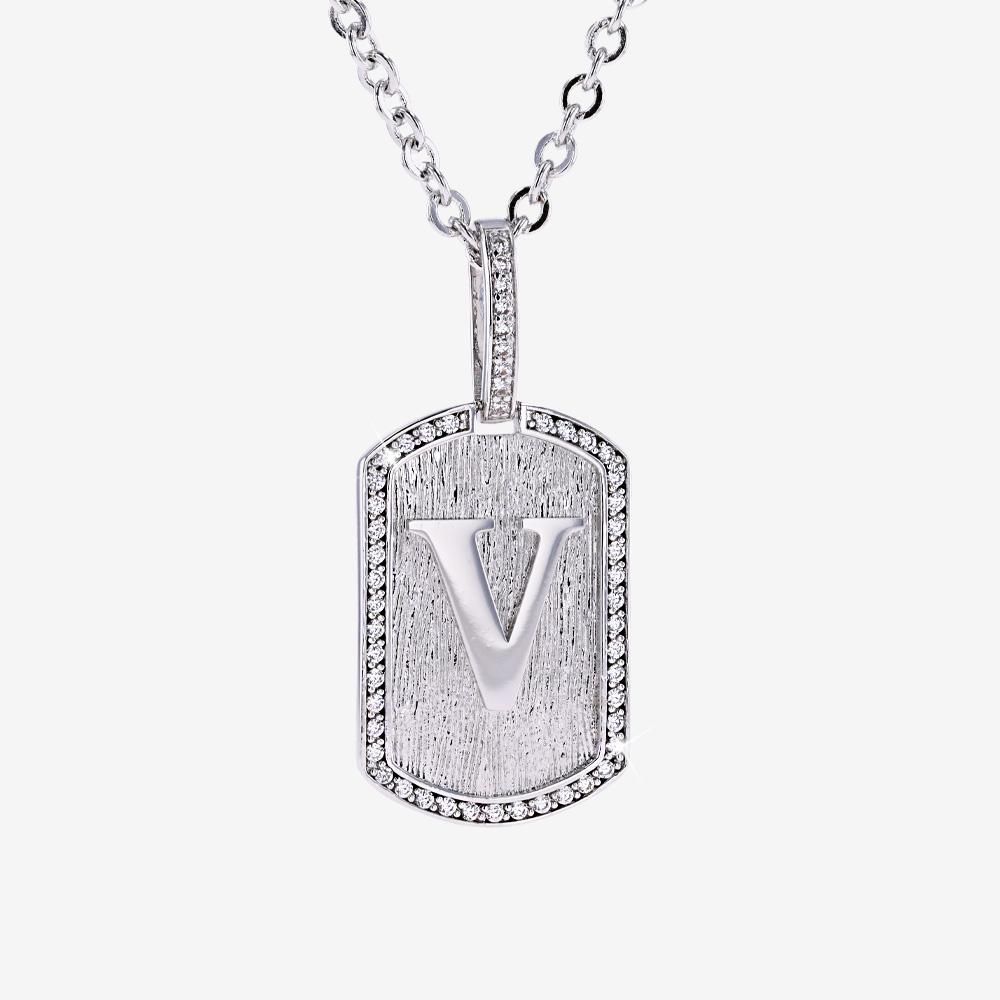 Mens Iced V Initial Tag Pendant & Chain