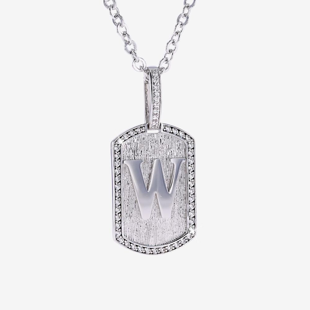Mens Iced W Initial Tag Pendant & Chain