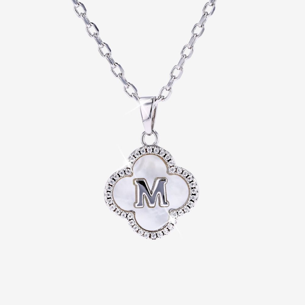 Real Mother Of Pearl Clover Initial M Necklace
