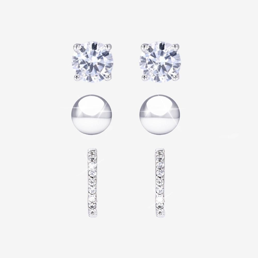 Sterling Silver 3 Pair Set Of Earrings, Huggie, CZ + Ball Stud