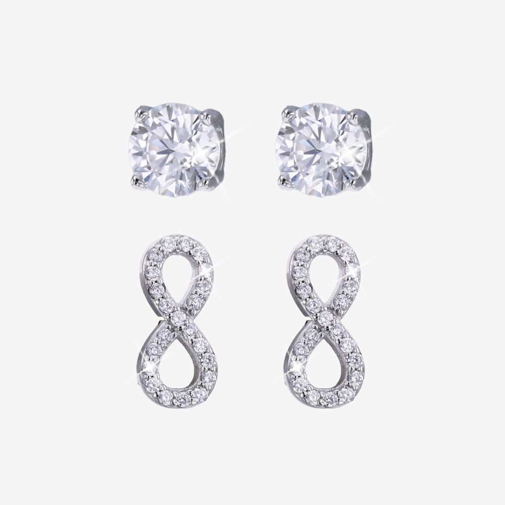 Silver Earrings, Set Of 2 Pairs, Infinity And Round